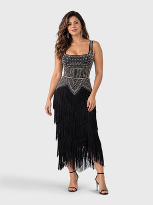Vestido de Festa Longo Bordado em Paetê e Franjas Tamiris