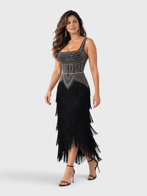 Vestido de Festa Longo Bordado em Paetê e Franjas Tamiris