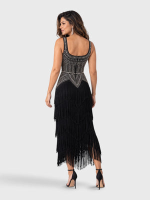 Vestido de Festa Longo Bordado em Paetê e Franjas Tamiris