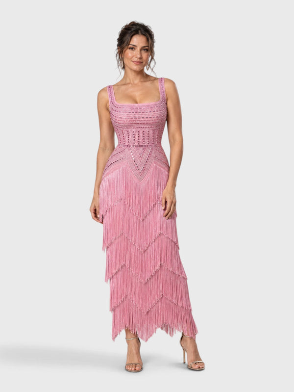 Vestido de Festa Longo Bordado em Paetê e Franjas Tamiris