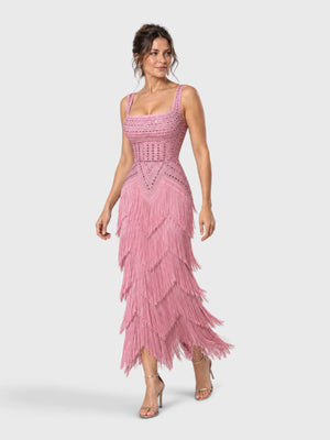 Vestido de Festa Longo Bordado em Paetê e Franjas Tamiris