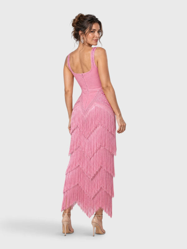 Vestido de Festa Longo Bordado em Paetê e Franjas Tamiris