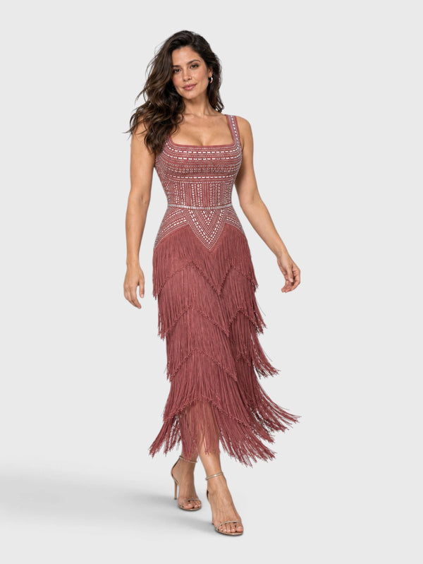 Vestido de Festa Longo Bordado em Paetê e Franjas Tamiris