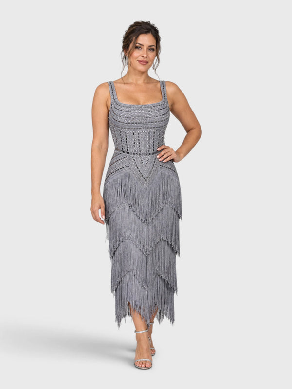 Vestido de Festa Longo Bordado em Paetê e Franjas Tamiris