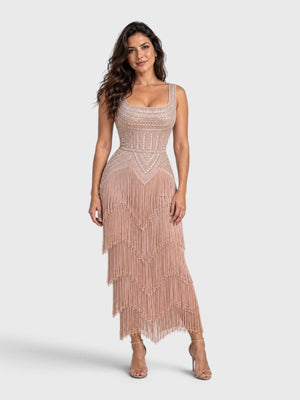 Vestido de Festa Longo Bordado em Paetê e Franjas Tamiris