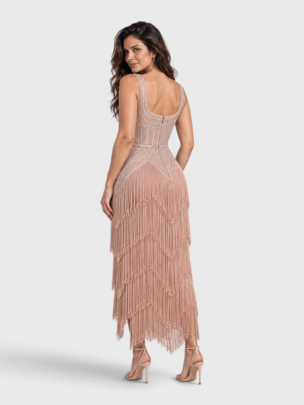 Vestido de Festa Longo Bordado em Paetê e Franjas Tamiris