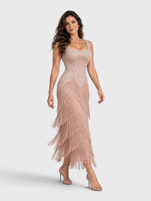 Vestido de Festa Longo Bordado em Paetê e Franjas Tamiris