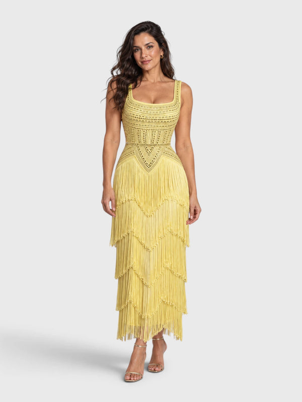Vestido de Festa Longo Bordado em Paetê e Franjas Tamiris
