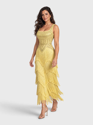 Vestido de Festa Longo Bordado em Paetê e Franjas Tamiris