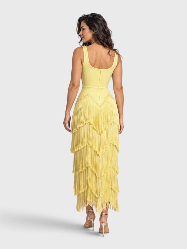 Vestido de Festa Longo Bordado em Paetê e Franjas Tamiris