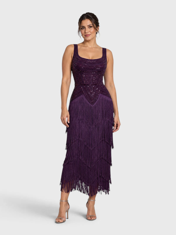 Vestido de Festa Longo Bordado em Paetê e Franjas Tamiris