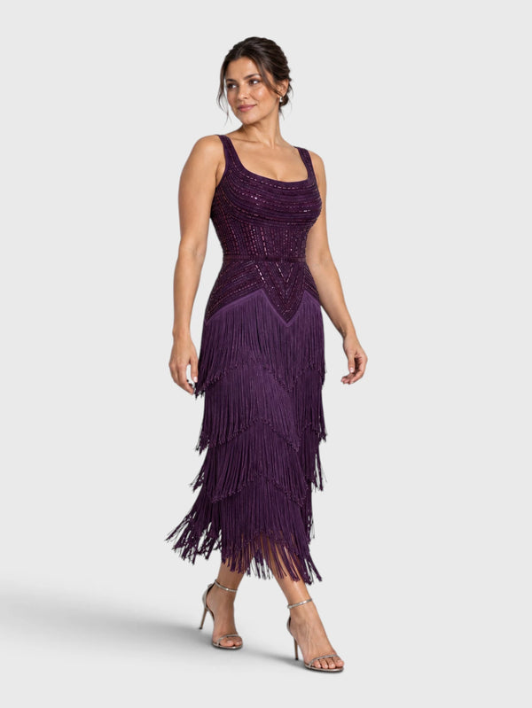 Vestido de Festa Longo Bordado em Paetê e Franjas Tamiris