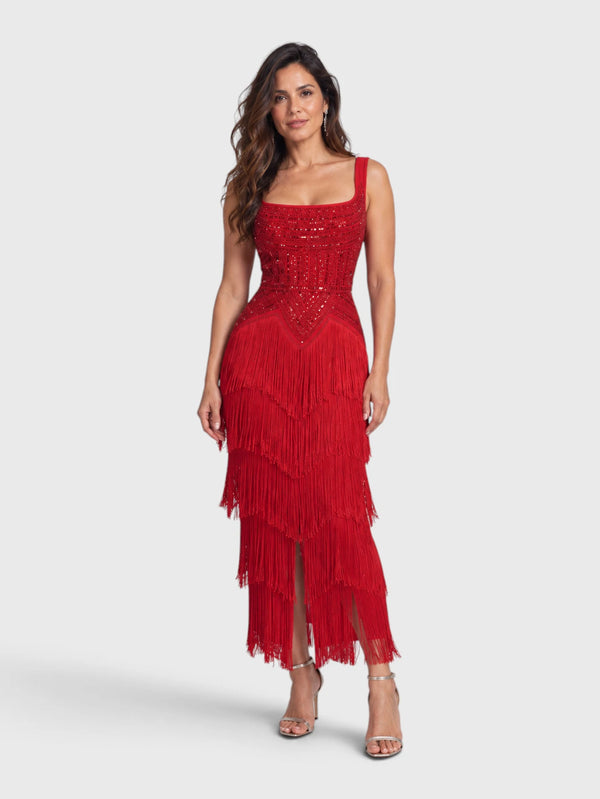 Vestido de Festa Longo Bordado em Paetê e Franjas Tamiris