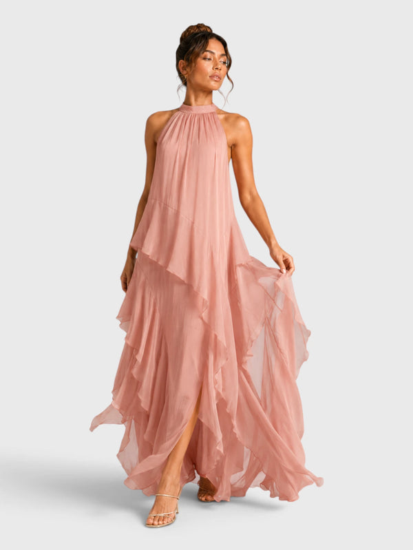 Vestido de Festa Longo Camadas Gola Halter Linear