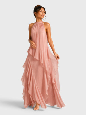 Vestido de Festa Longo Camadas Gola Halter Linear