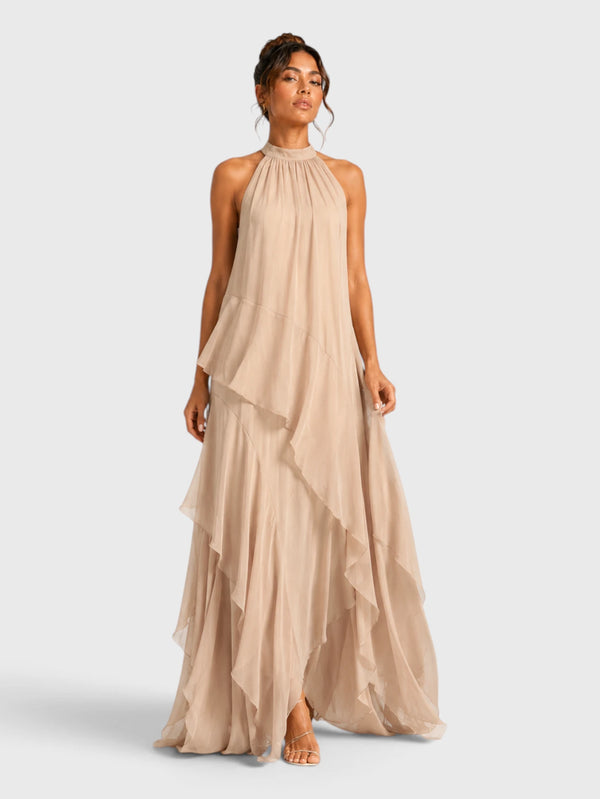 Vestido de Festa Longo Camadas Gola Halter Linear