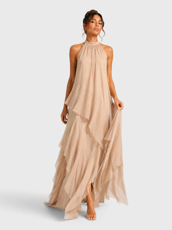 Vestido de Festa Longo Camadas Gola Halter Linear