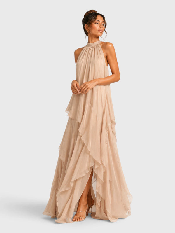 Vestido de Festa Longo Camadas Gola Halter Linear