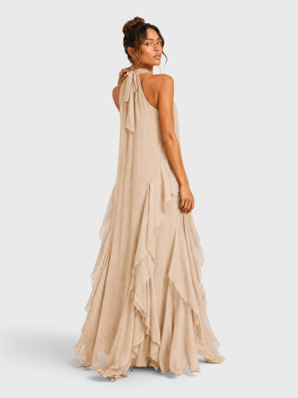 Vestido de Festa Longo Camadas Gola Halter Linear