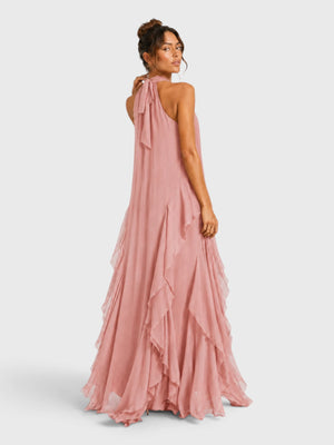 Vestido de Festa Longo Camadas Gola Halter Linear