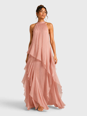 Vestido de Festa Longo Camadas Gola Halter Linear