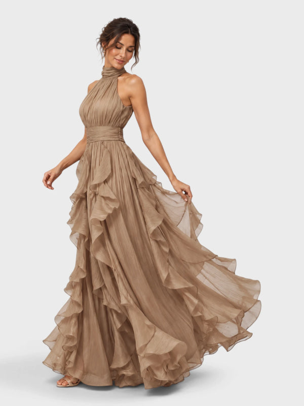Vestido de Festa Longo Camadas com Brilho Metalizado Fine