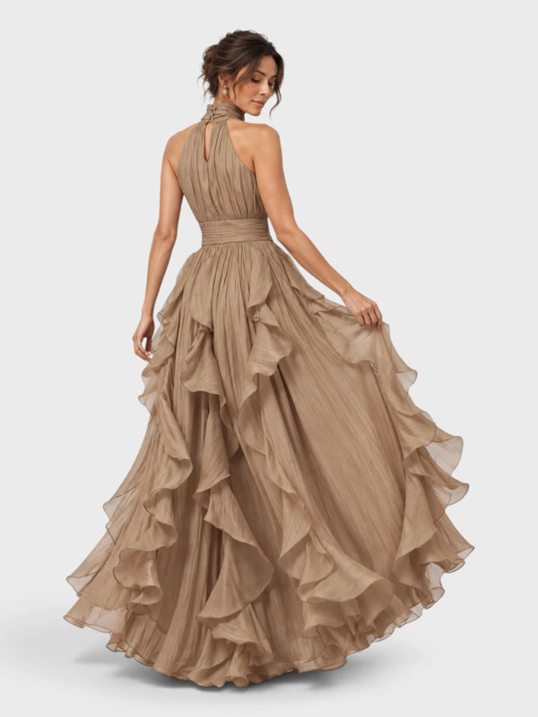 Vestido de Festa Longo Camadas com Brilho Metalizado Fine
