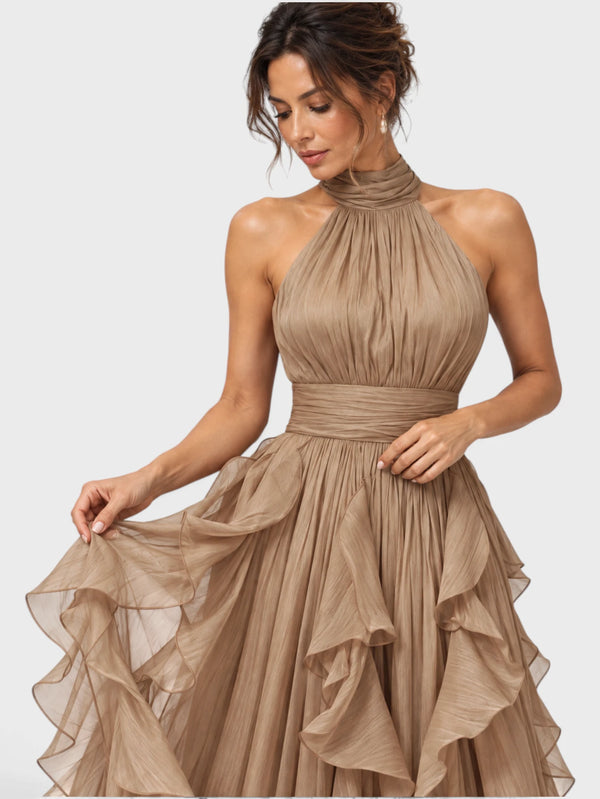 Vestido de Festa Longo Camadas com Brilho Metalizado Fine
