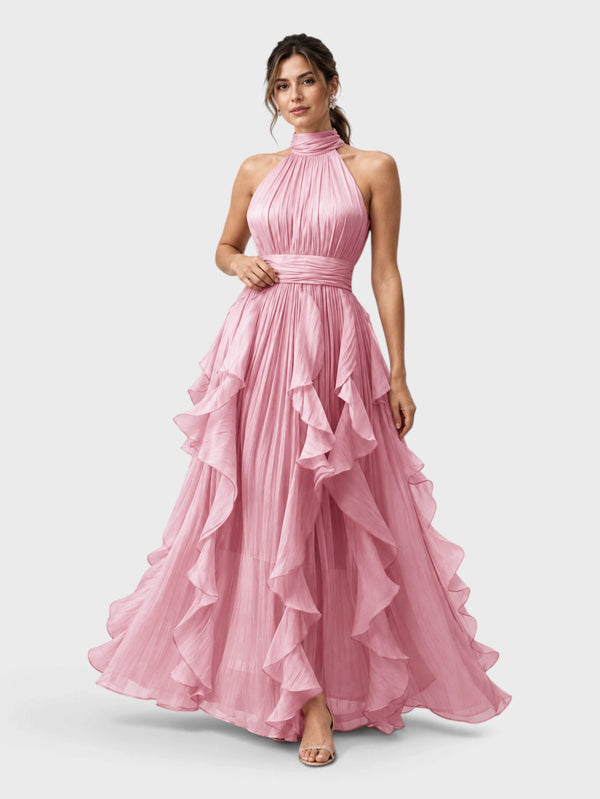 Vestido de Festa Longo Camadas com Brilho Metalizado Fine