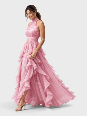 Vestido de Festa Longo Camadas com Brilho Metalizado Fine