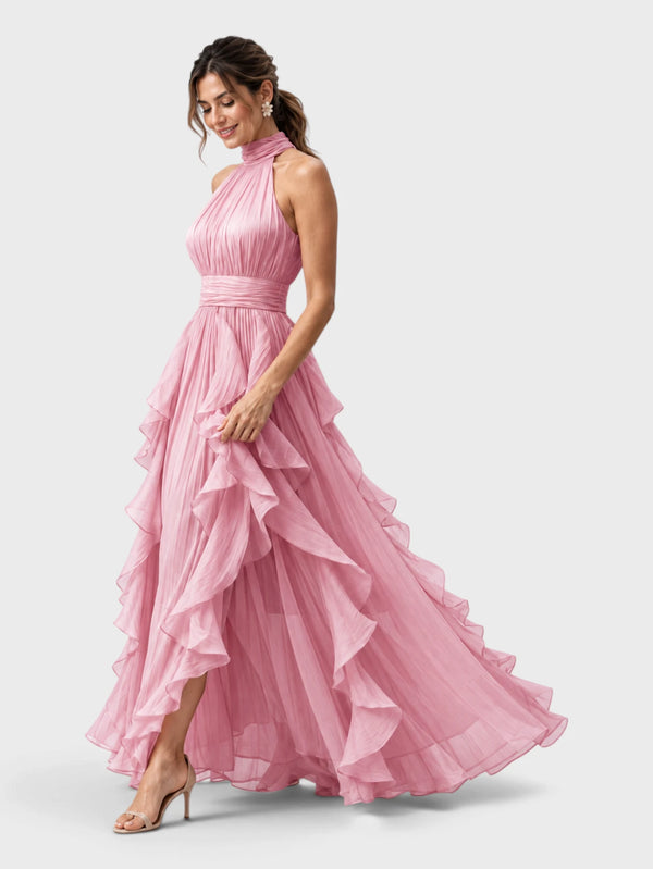 Vestido de Festa Longo Camadas com Brilho Metalizado Fine