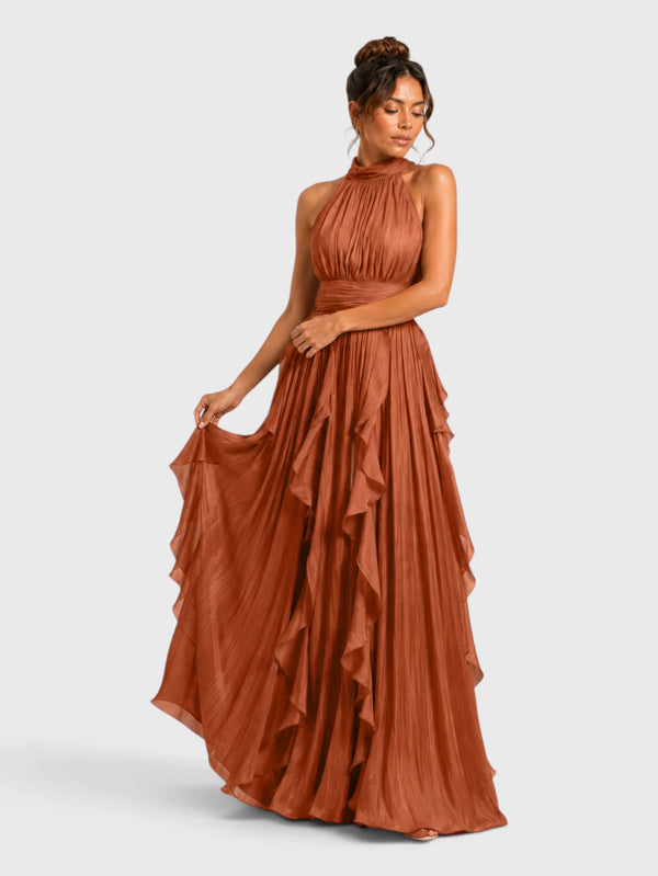 Vestido de Festa Longo Camadas com Brilho Metalizado Fine