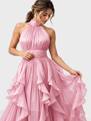 Vestido de Festa Longo Camadas com Brilho Metalizado Fine