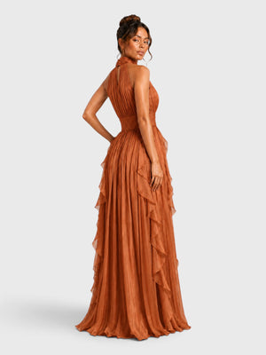 Vestido de Festa Longo Camadas com Brilho Metalizado Fine