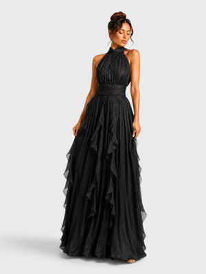Vestido de Festa Longo Camadas com Brilho Metalizado Fine
