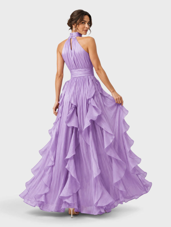 Vestido de Festa Longo Camadas com Brilho Metalizado Fine