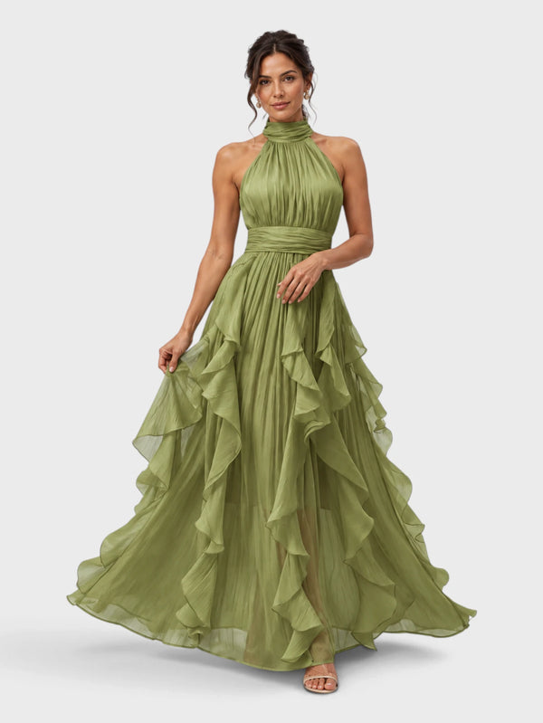 Vestido de Festa Longo Camadas com Brilho Metalizado Fine