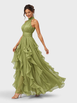 Vestido de Festa Longo Camadas com Brilho Metalizado Fine