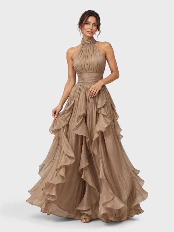 Vestido de Festa Longo Camadas com Brilho Metalizado Fine