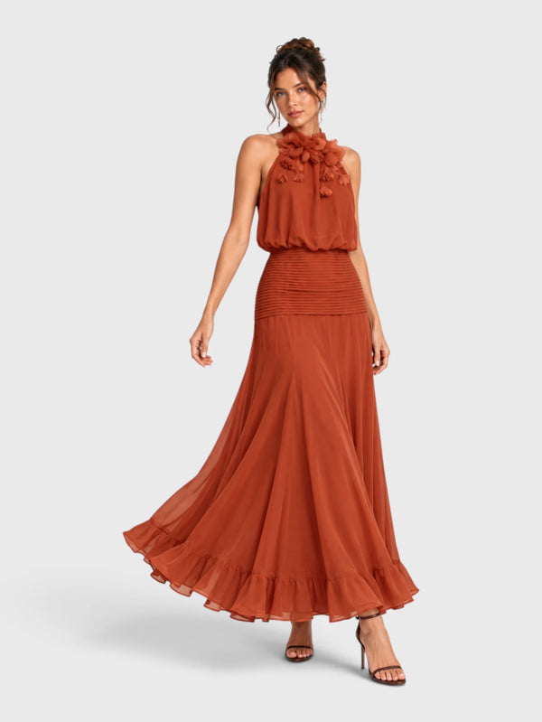 Vestido de Festa Longo Gola Halter Floral