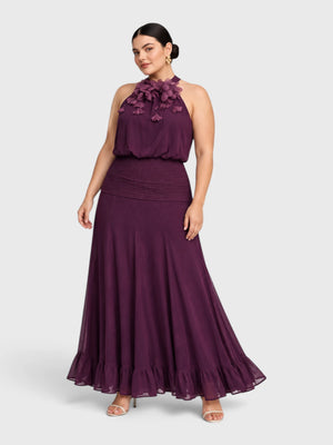 Vestido de Festa Longo Gola Halter Floral