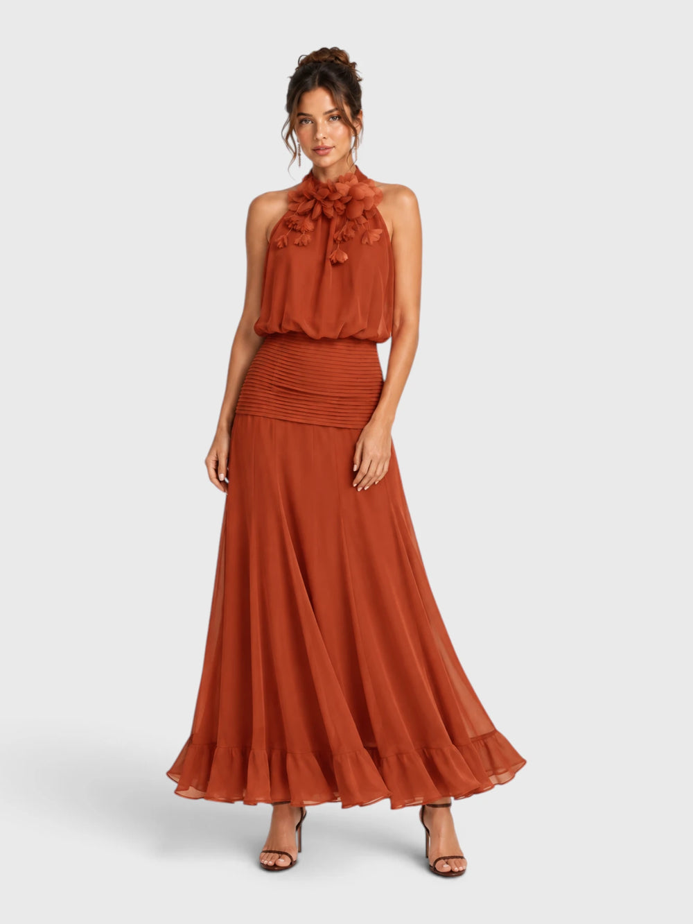 Vestido de Festa Longo Gola Halter Floral