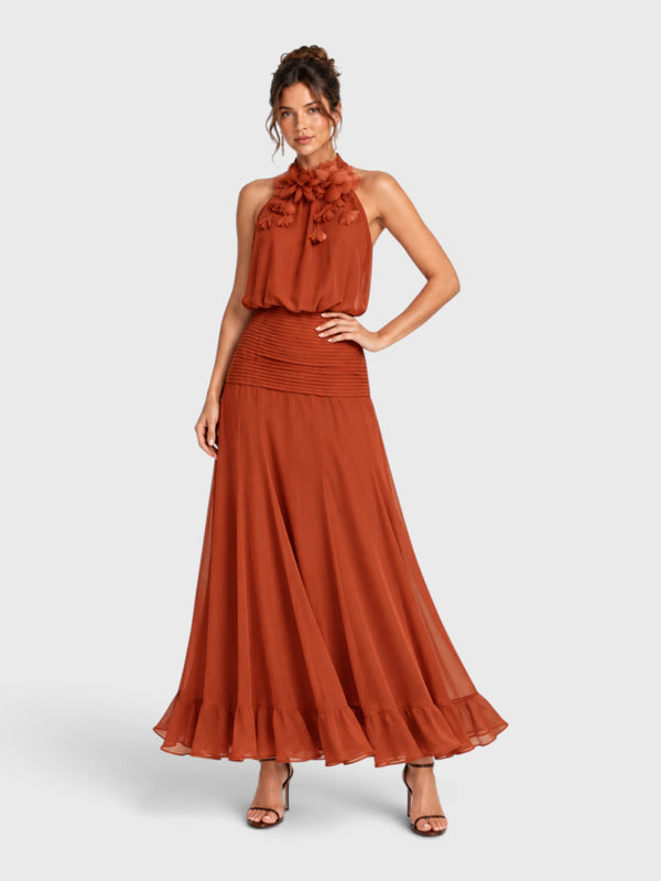 Vestido de Festa Longo Gola Halter Floral