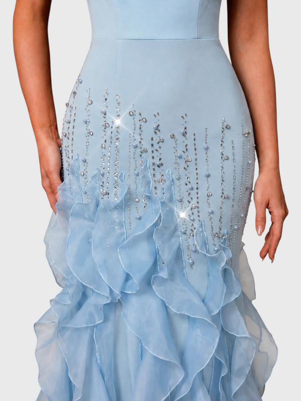 Vestido de Festa Longo Luxo Camadas e Apliques Brilhantt
