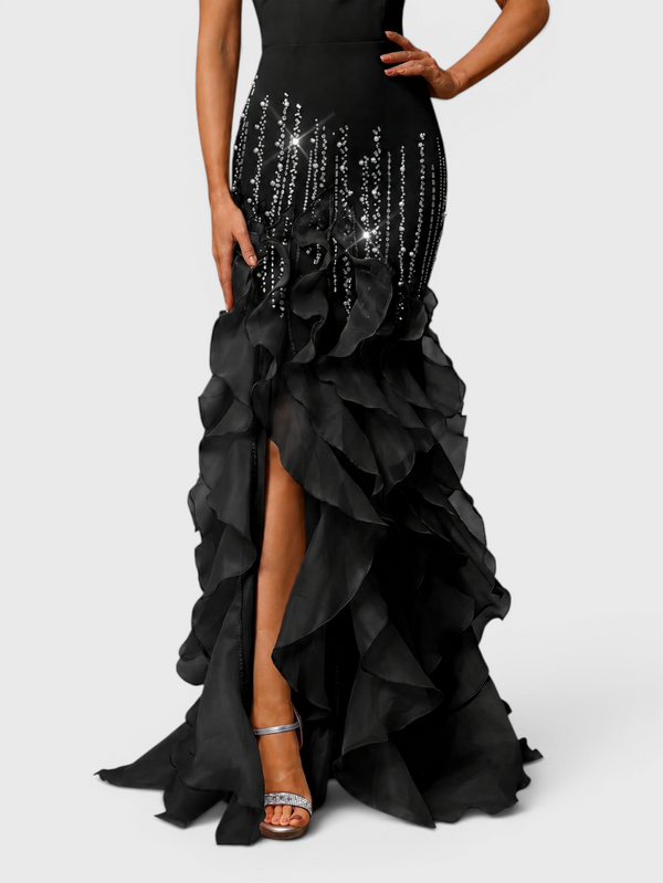 Vestido de Festa Longo Luxo Camadas e Apliques Brilhantt