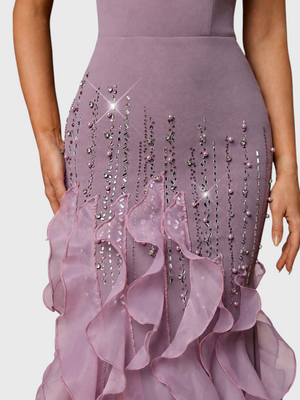 Vestido de Festa Longo Luxo Camadas e Apliques Brilhantt