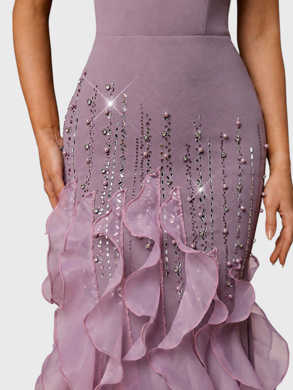 Vestido de Festa Longo Luxo Camadas e Apliques Brilhantt