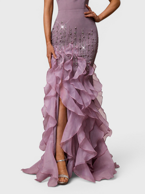 Vestido de Festa Longo Luxo Camadas e Apliques Brilhantt