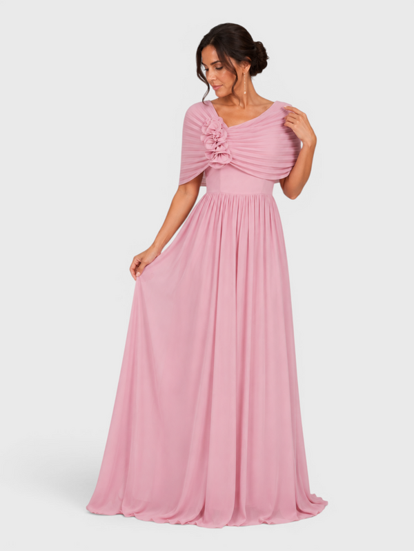 Vestido de Festa Longo Ombro a Ombro Plissado com Flores 3D May