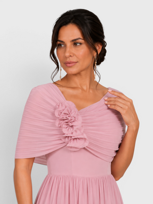 Vestido de Festa Longo Ombro a Ombro Plissado com Flores 3D May